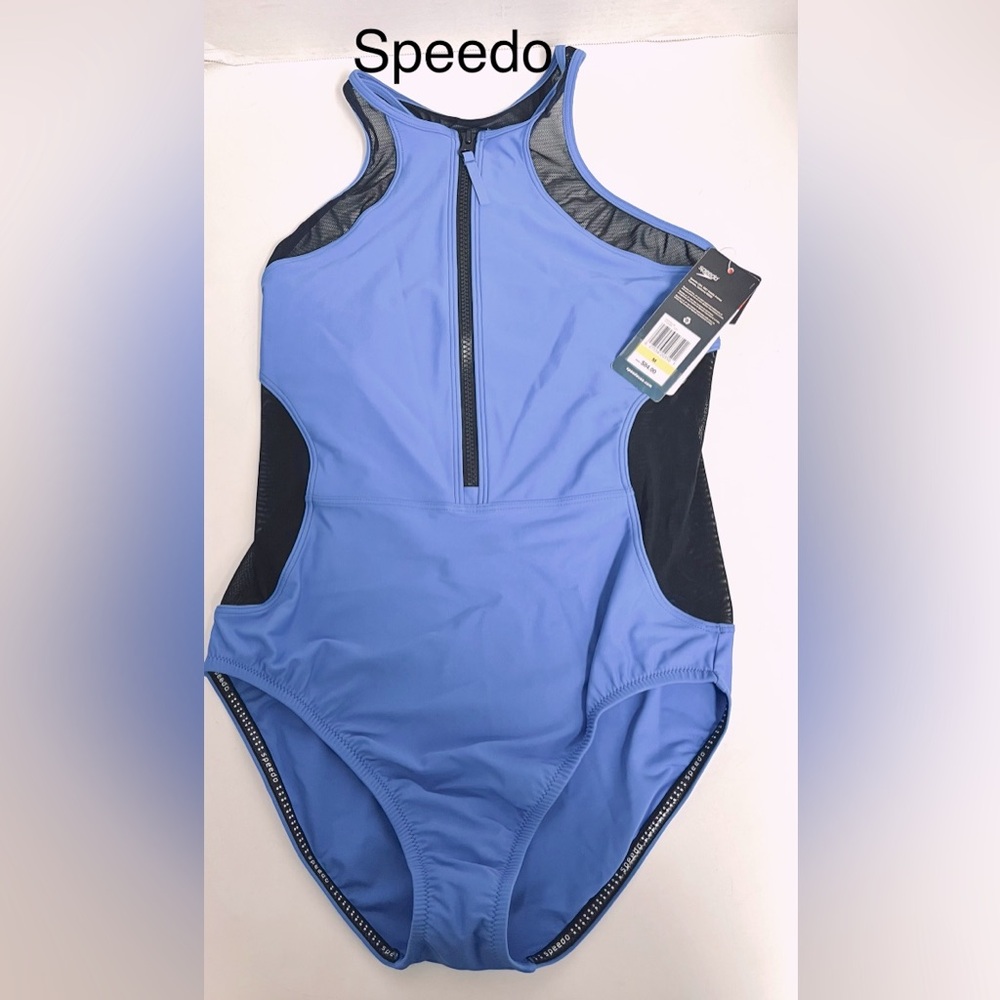 Speedo NWT Power Flex ECO Violet bluish colar and Black Athletic Swimsuit SIZE M